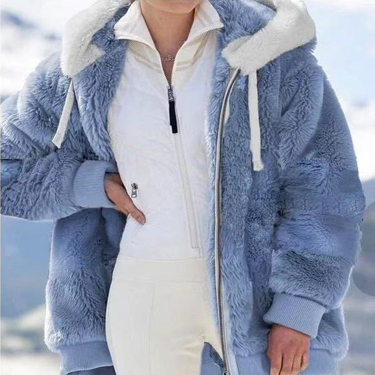 Serena | Teddy-Jacke mit Farbblock, Kapuze und Reißverschluss