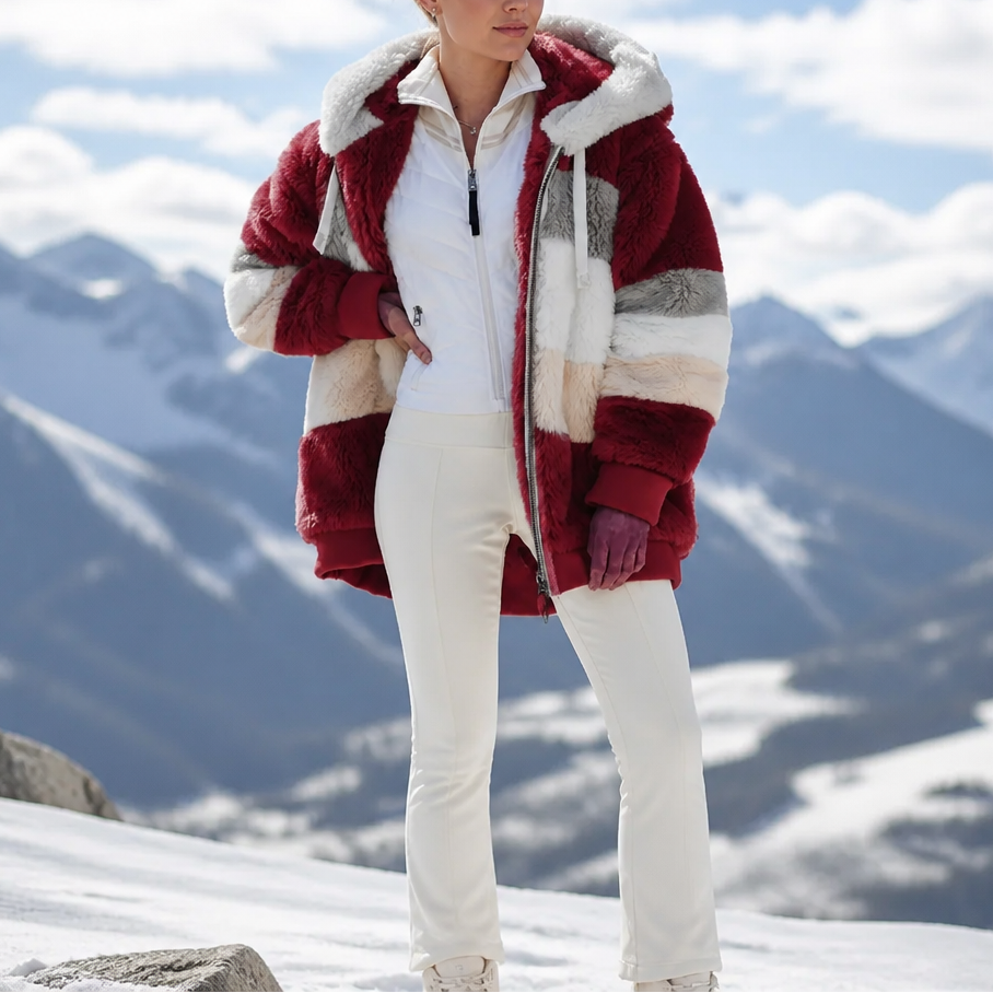 Theresa | Plüschjacke mit Streifen-Design und Kapuze