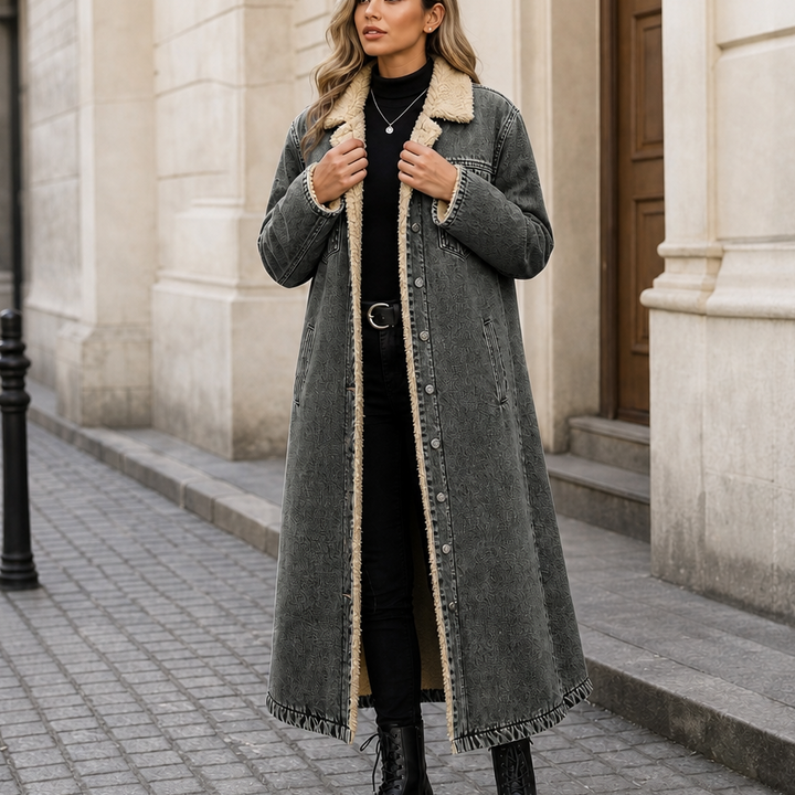 Greta | Langer Jeansmantel mit Teddyfutter