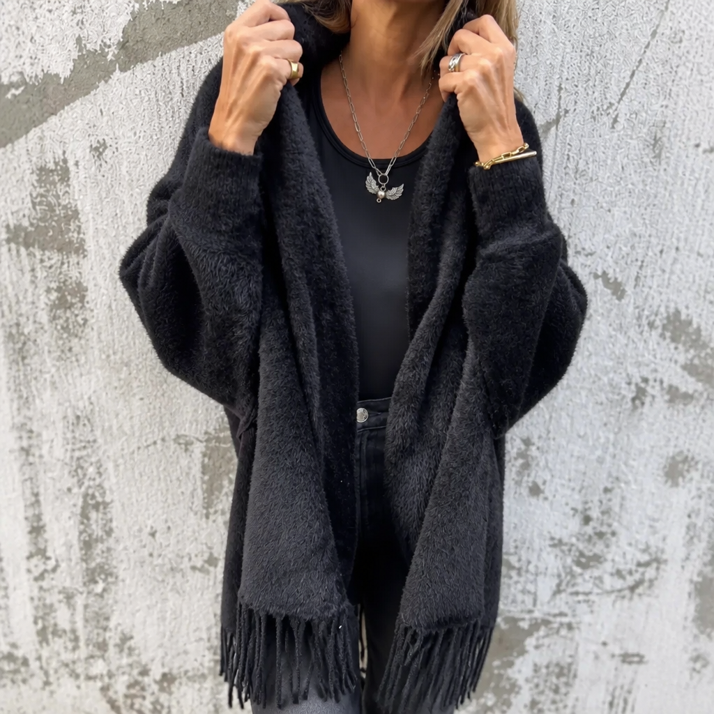 Tanja | Strick-Poncho mit Fransensaum