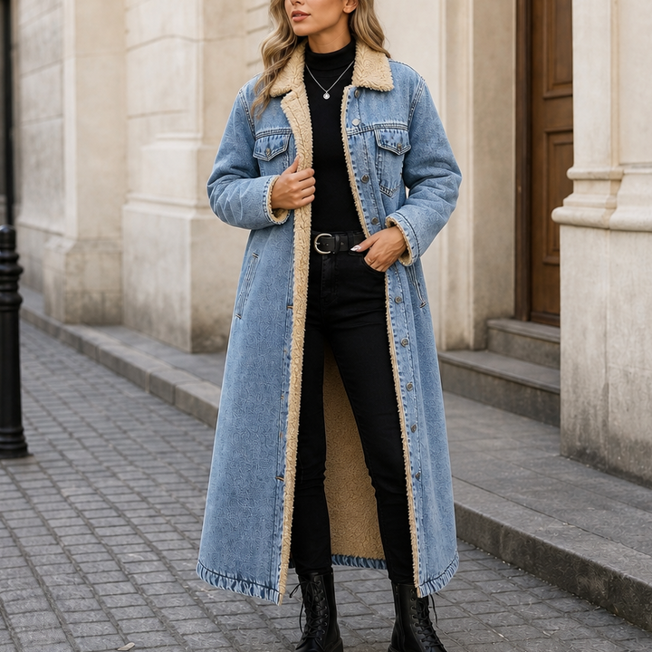 Greta | Langer Jeansmantel mit Teddyfutter
