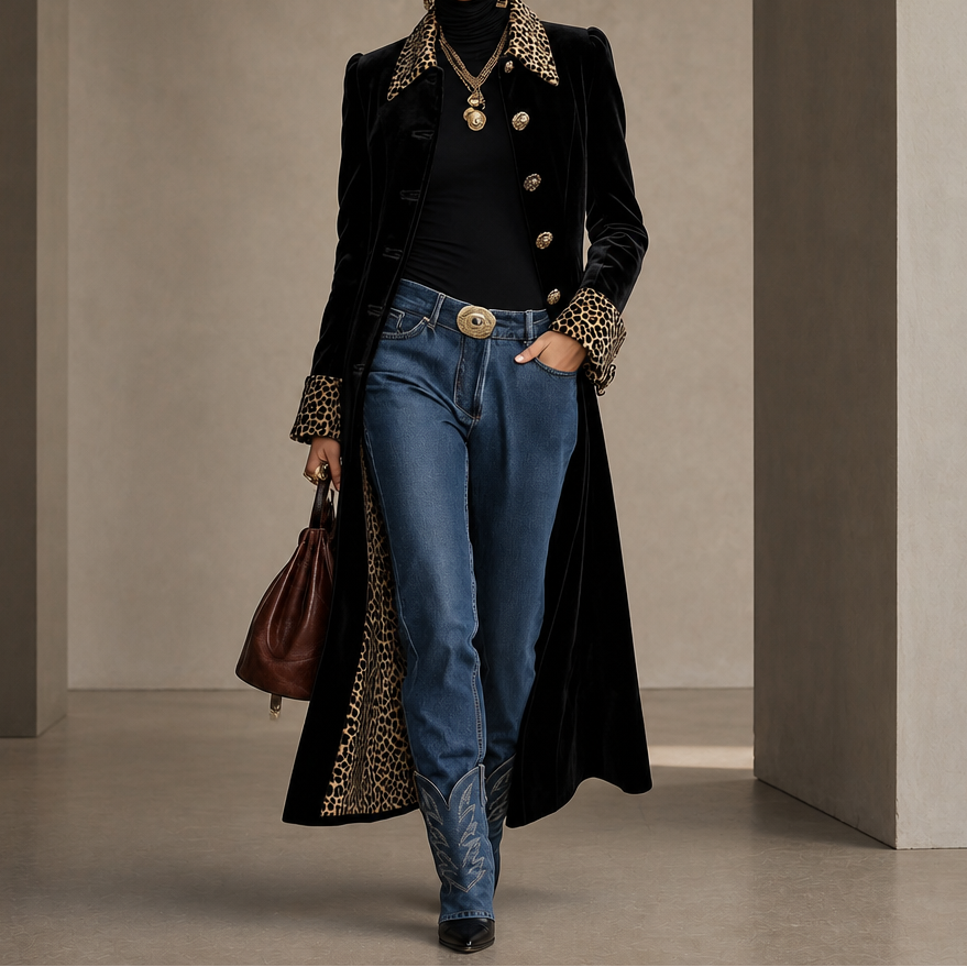 Victoria | Eleganter Samtmantel mit Animal-Details