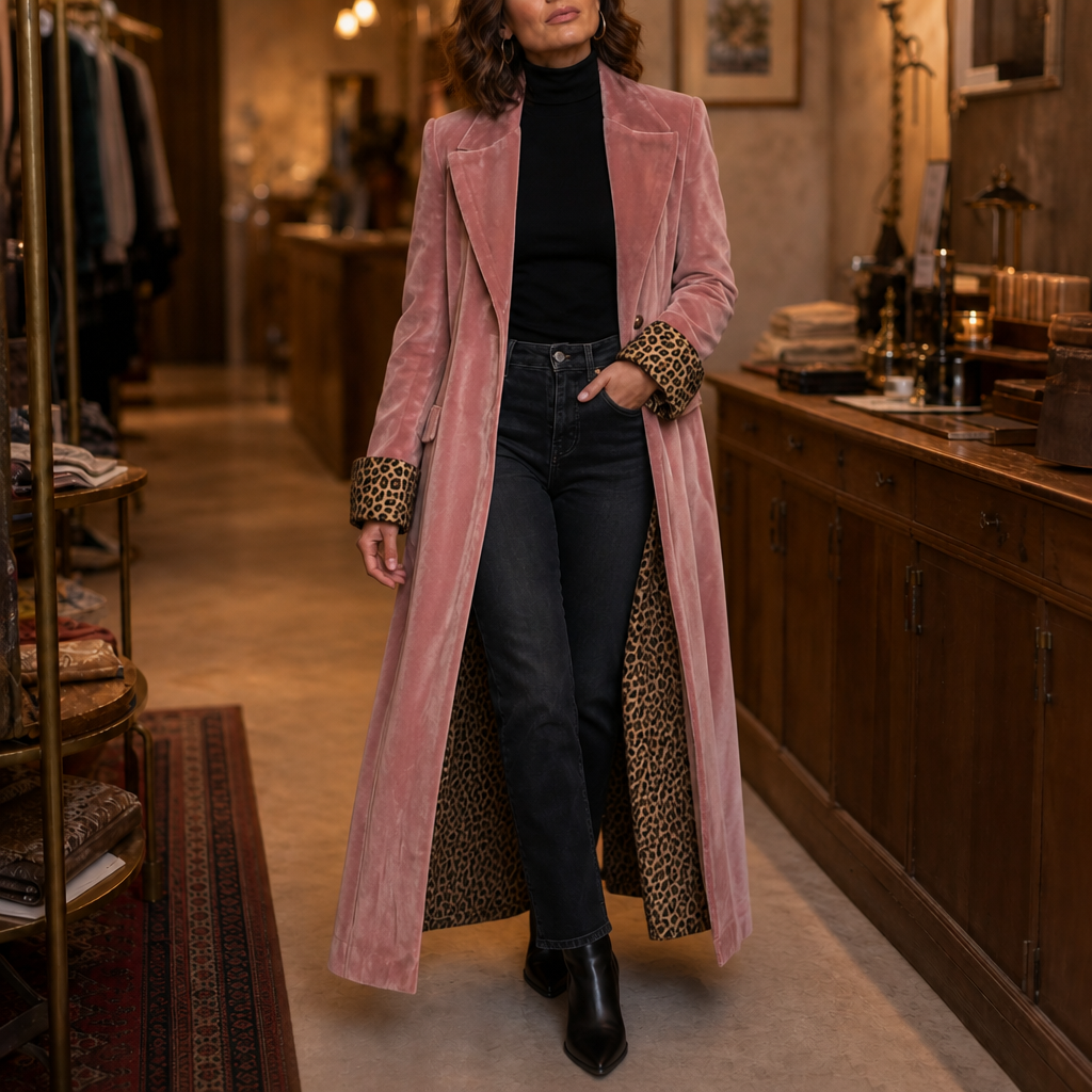 Valentina | Eleganter Samtmantel mit Animal-Details
