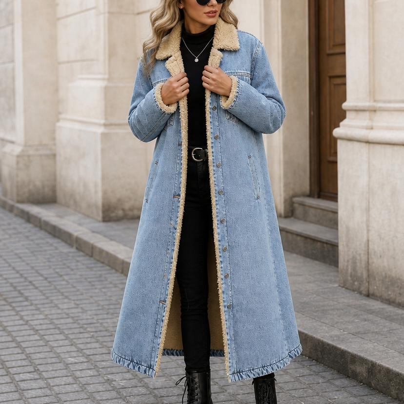 Greta | Langer Jeansmantel mit Teddyfutter