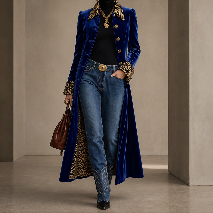 Victoria | Eleganter Samtmantel mit Animal-Details