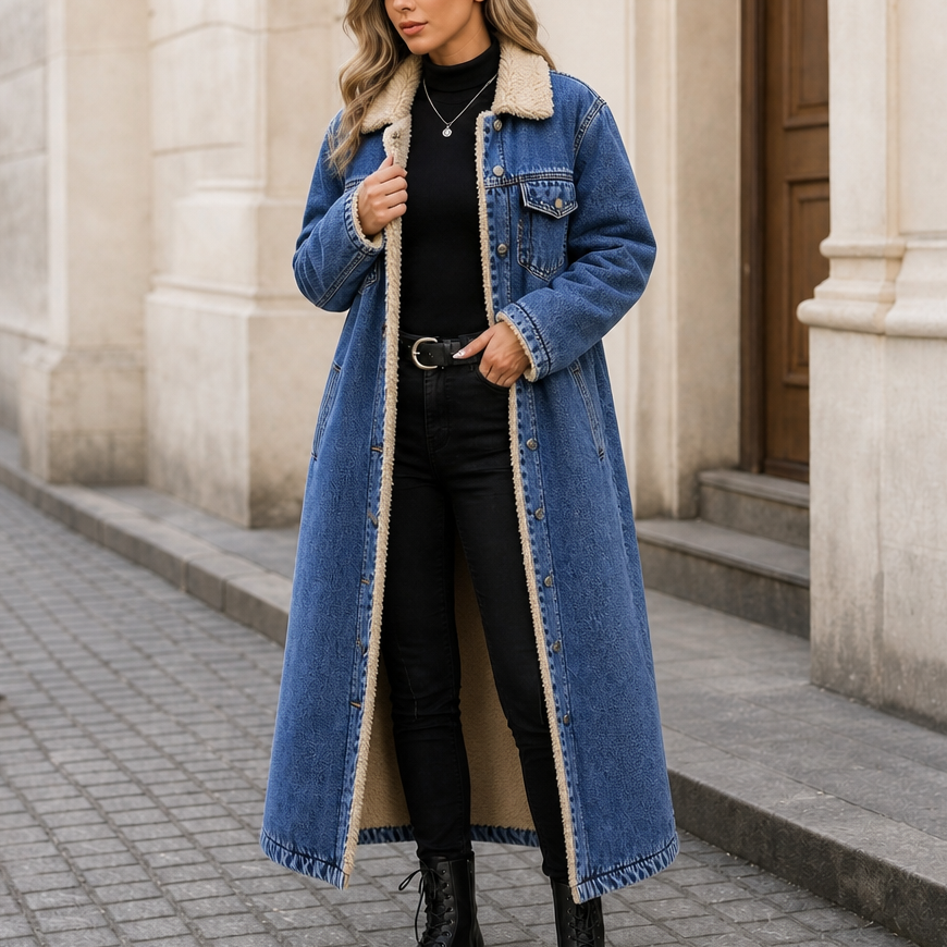 Greta | Langer Jeansmantel mit Teddyfutter