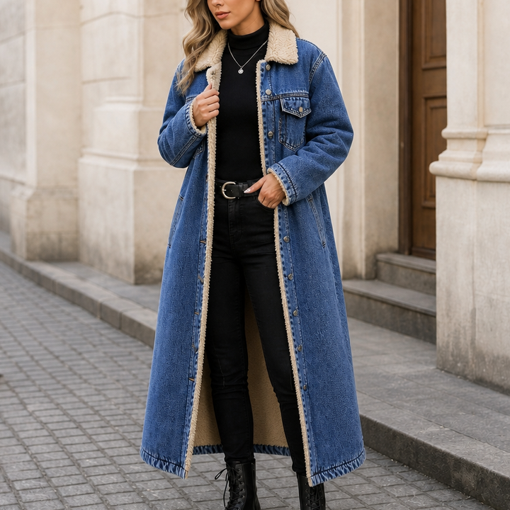 Greta | Langer Jeansmantel mit Teddyfutter