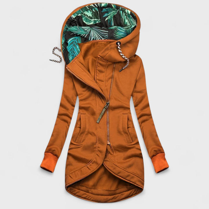 Lucia | Lange Jacke mit Kapuze und asymmetrischem Reißverschluss